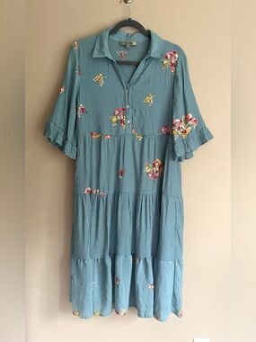 Anthropologie Fig & Flower Blue Tiered Embroidered Maxi Dress size large